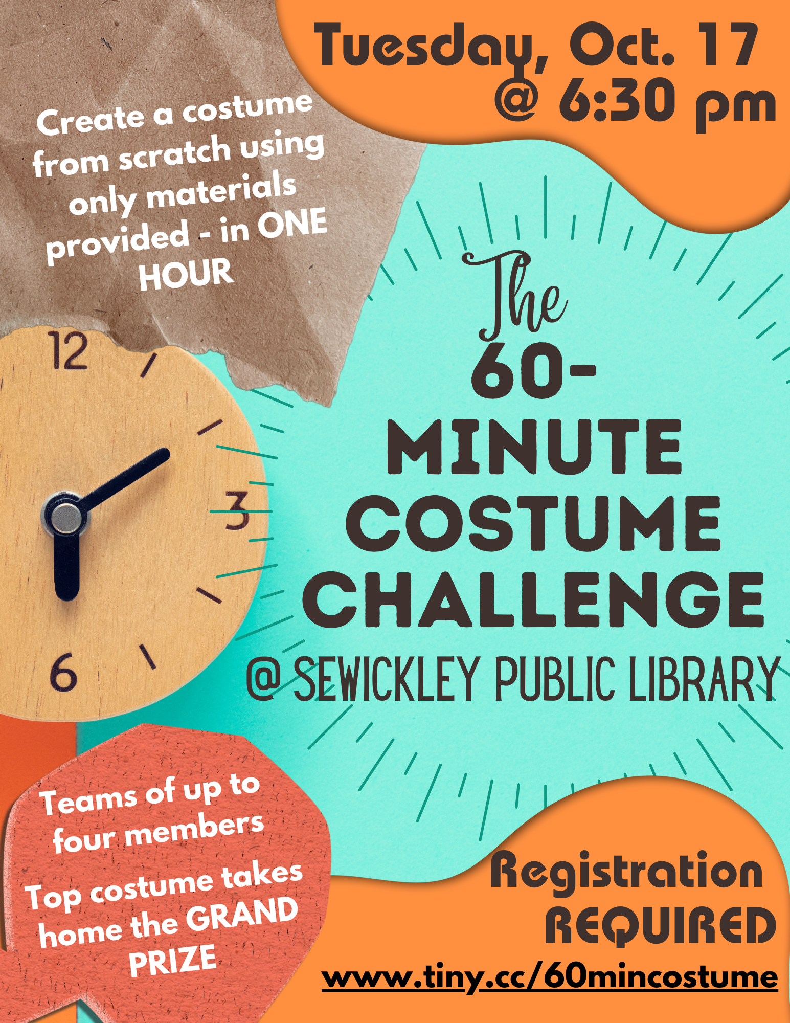 Flier for 60 Minute Costume Challenge featuring a clock and information about the program on October 17