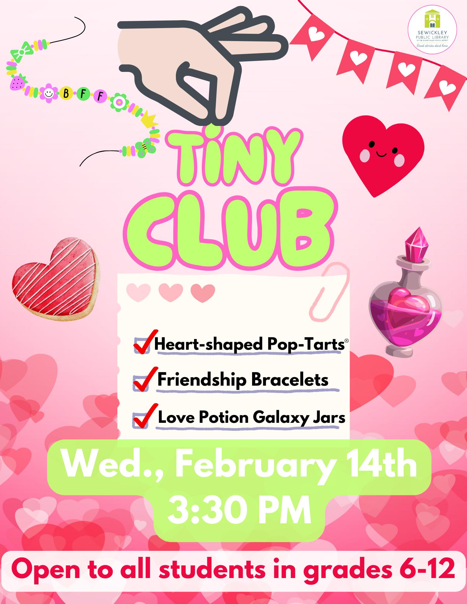 Flier for TINY CLUB: Valentine's Day featuring info for event on 2/14/24