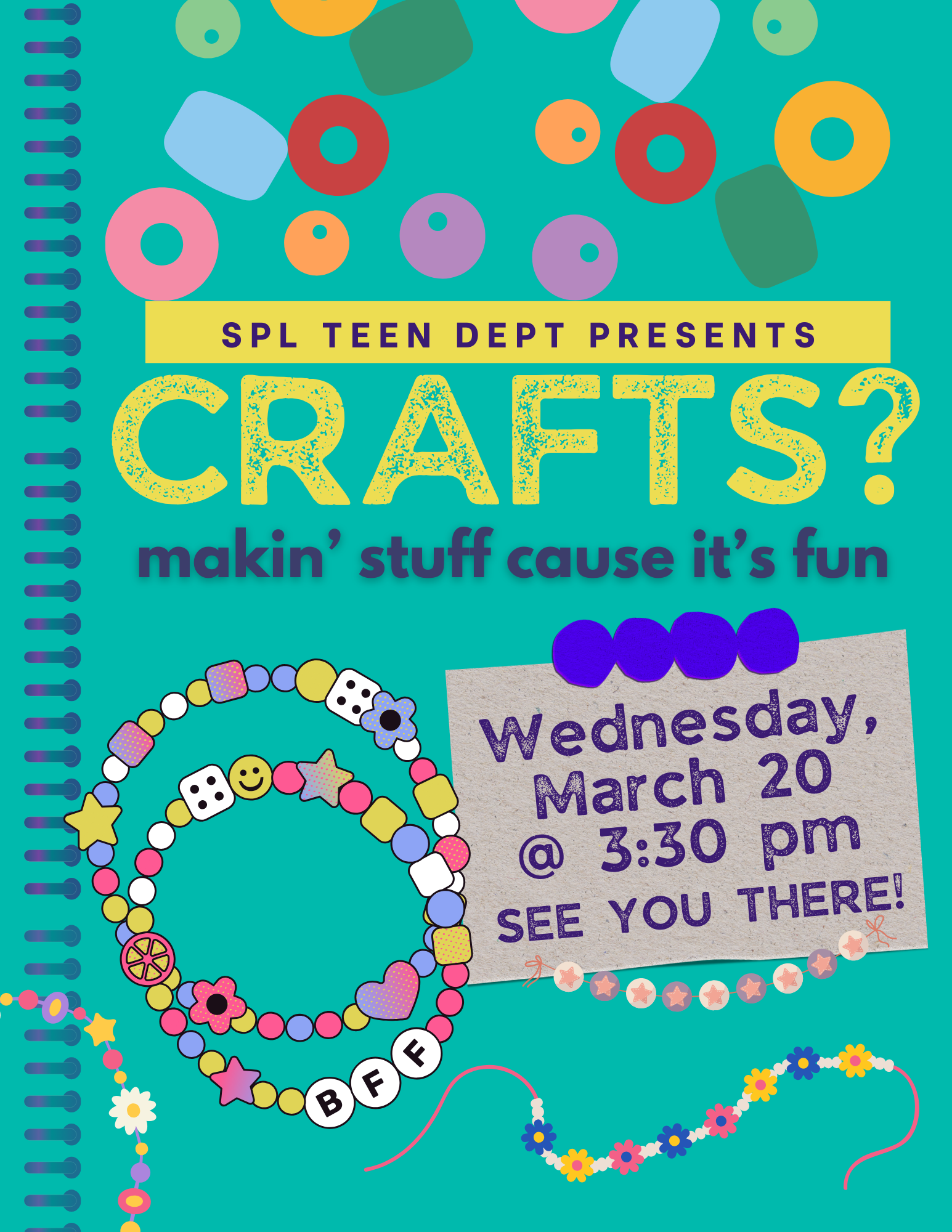 Flier for March CRAFTS? featuring bead crafts and information for the program on 3/20/24