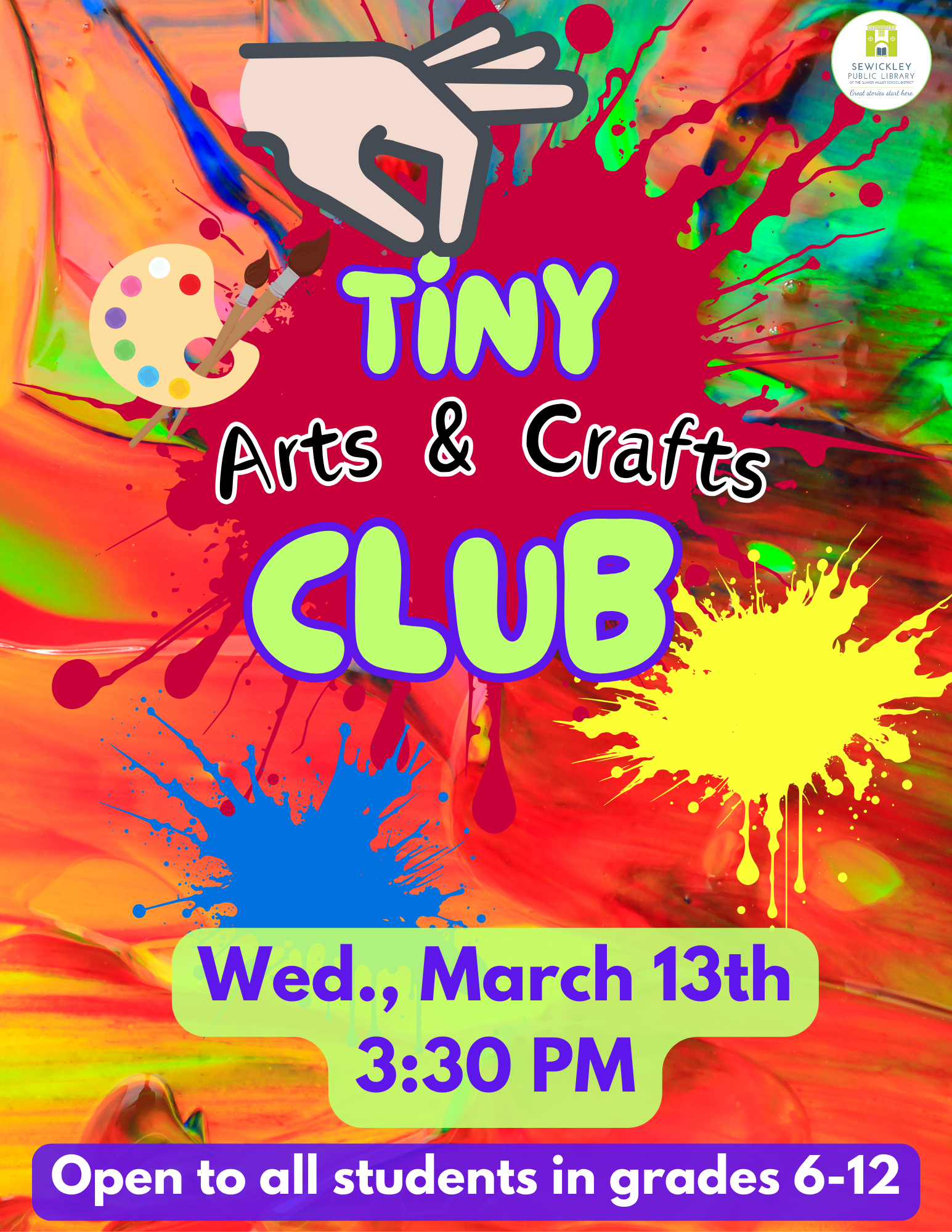 Flier for Tiny Club: Arts and Crafts on March 13th