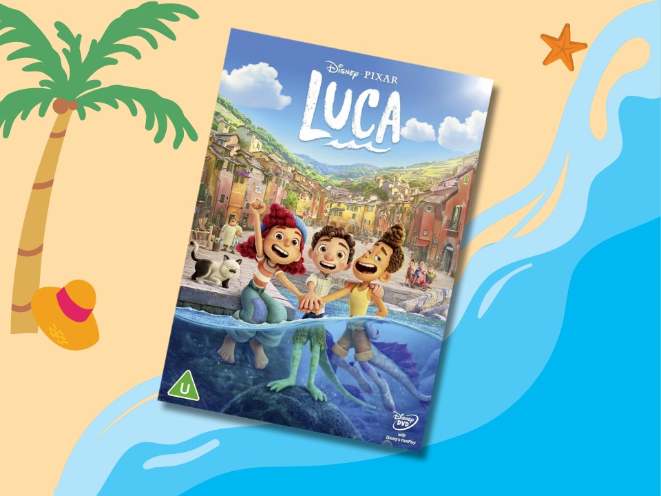 LUCA movie cover with beachy background