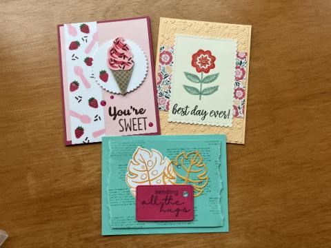 Stamped homemade cards with ice cream, flowers, or leaves on the front