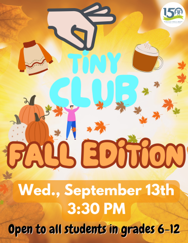 Tiny Club: Fall Edition flier featuring tiny cup of cider, tiny sweater, tiny pumpkin patch