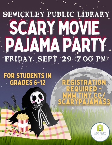 Scary Movie Pajama Party flier featuring a cute skeleton lying on a blanket with snacks to watch a movie outside