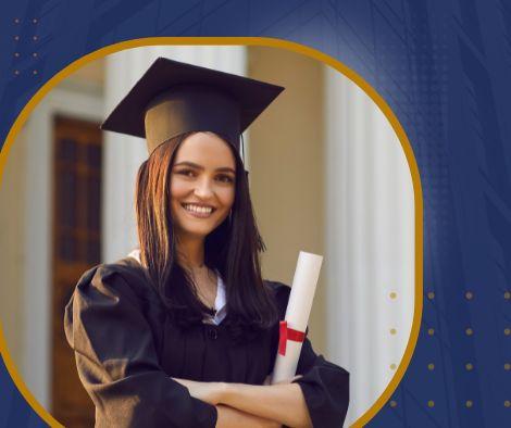 Student graduate in cap & gown holding diploma