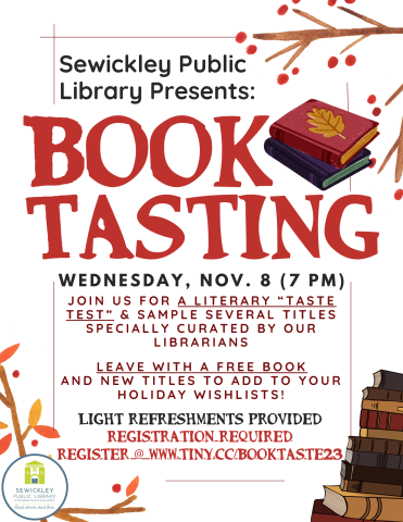 Flier for Book Tasting Event on November 8 at Sewickley Public Library