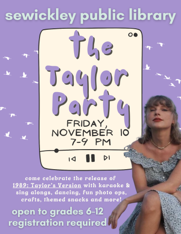 Flier for The Taylor Party at Sewickley Public Library on 11/10/23