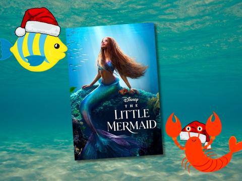 Cover of The Little Mermaid (2023) with a fish and shrimp wearing santa hats