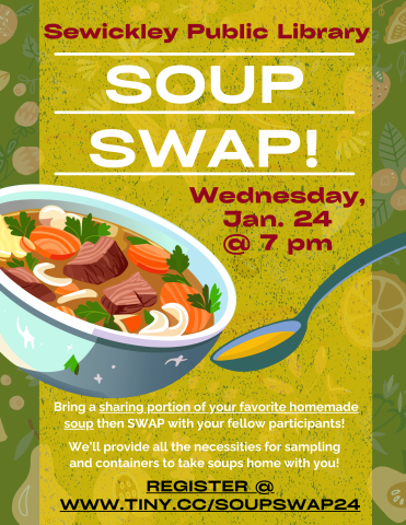 Flier for SOUP SWAP on January 24, with information regarding event and a large picture of a soup bowl and spoon