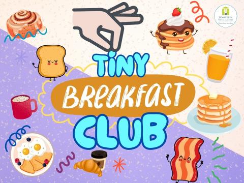 Tiny Breakfast Club logo surrounded by breakfast food images