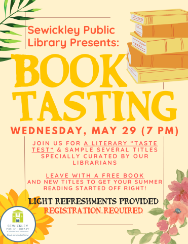 Flier for Book Tasting Event on May 29 at Sewickley Public Library