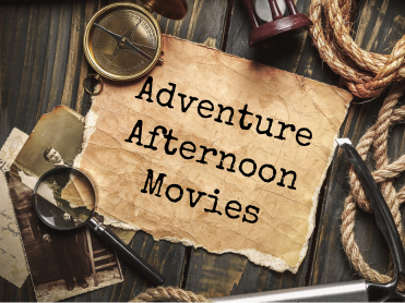 Vintage magnifying glass, compass and old paper "Adventure Afternoon Movies"