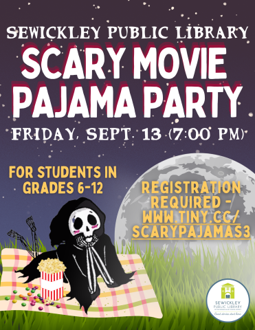 Flier for Scary Movie Pajama Party on Friday, Sept. 13th