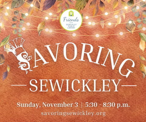 Savoring Sewickley graphic with textured orange background, watercolor fall leaves and white twinkle lights