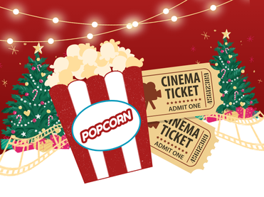 Popcorn bucket with movie tickets and decorated pine trees on a red and snowy background