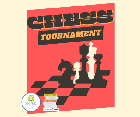 Chess Tournament logo in black and yellow font, red background, with black and red chessboard, black chess pieces and white chess pieces on chessboard