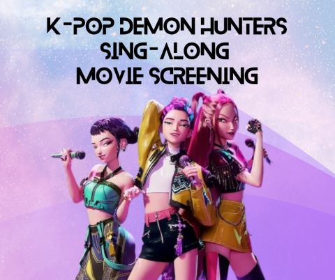 A logo for a K-Pop Demon Hunters Sing-Along Screening with the three main demon hunters holding microphones