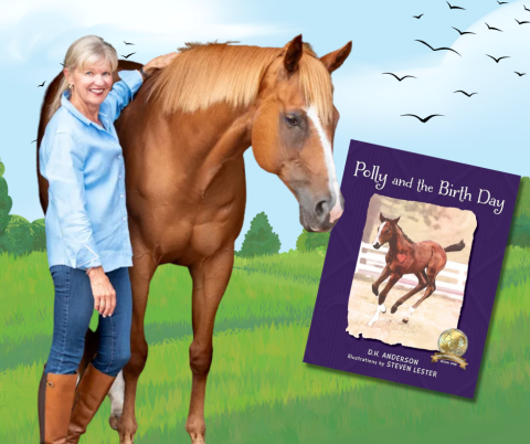 Author D. H. Anderson with horse and cover of book