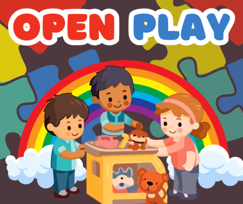 Open Play image of 3 children playing at a toy table together with rainbow and puzzle pieces in the background