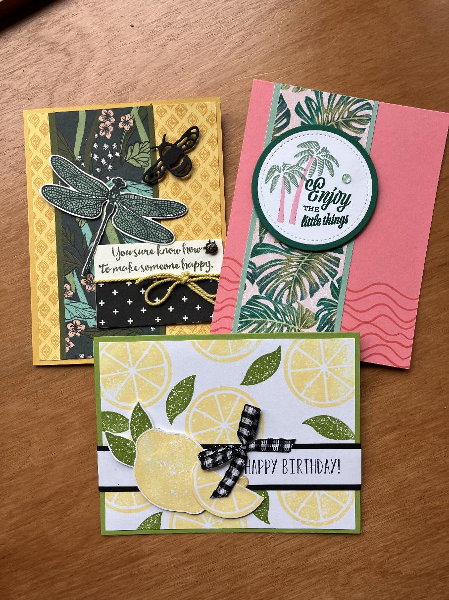 Three handmade cards with different designs