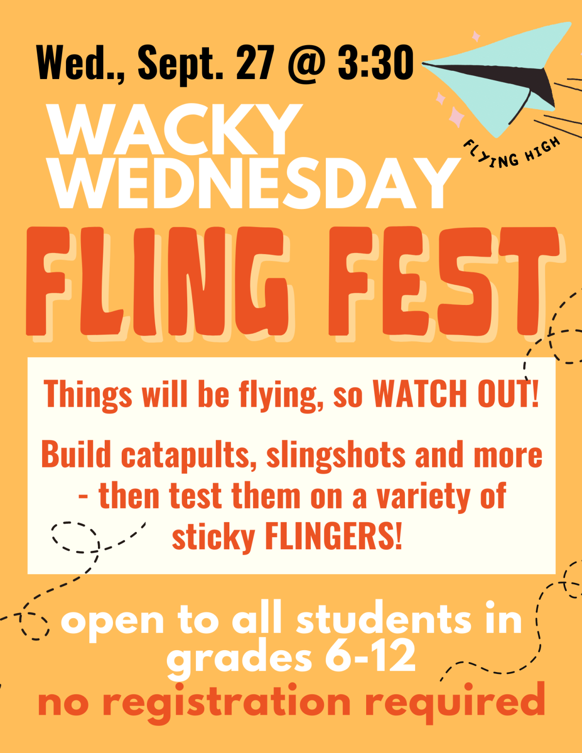 Flier for Wacky Wednesday: Fling Fest featuring a paper airplane flying 