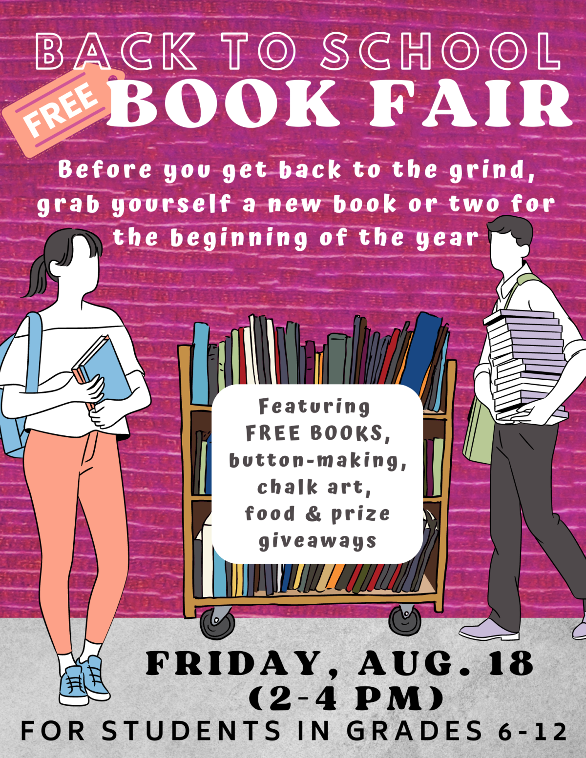 Flier for Back to School (Free) Book Fair featuring two young people and a cart of books.