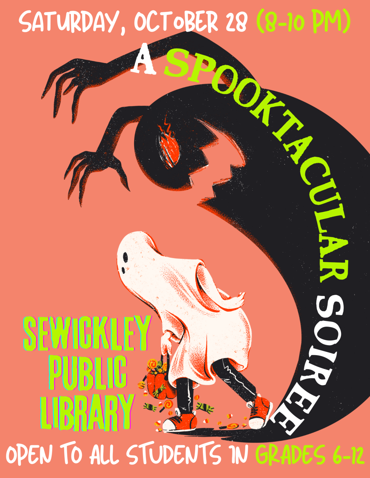 Flier for Spooktacular Soiree on October 28th, featuring a ghost-costumed trick or treater being followed by a dark, reaching monstrous figure