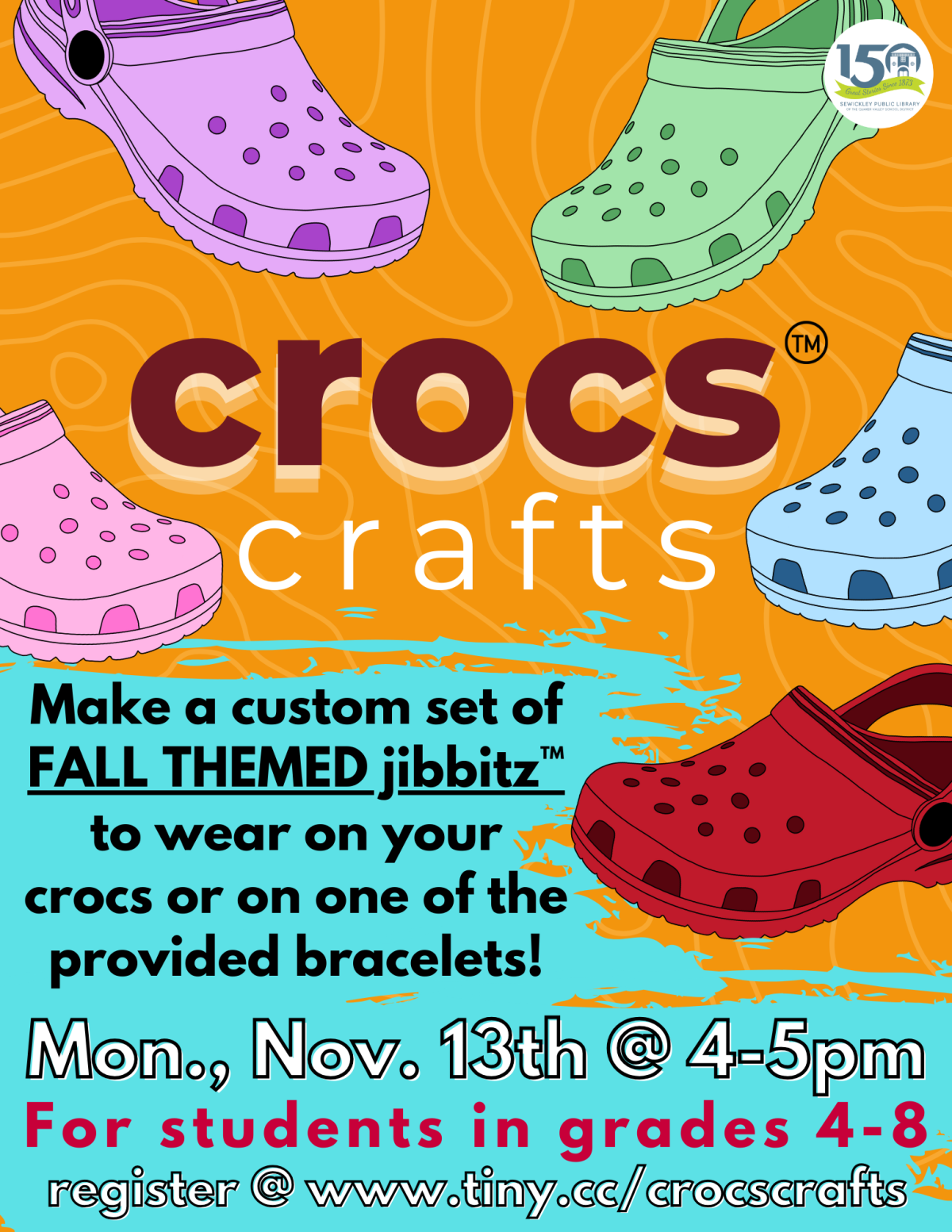 Flier for CROCS CRAFTS, featuring illustrations of Crocs-style shoes and information about the event