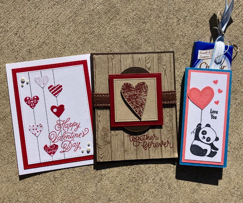 Three handmade cards with heart themes