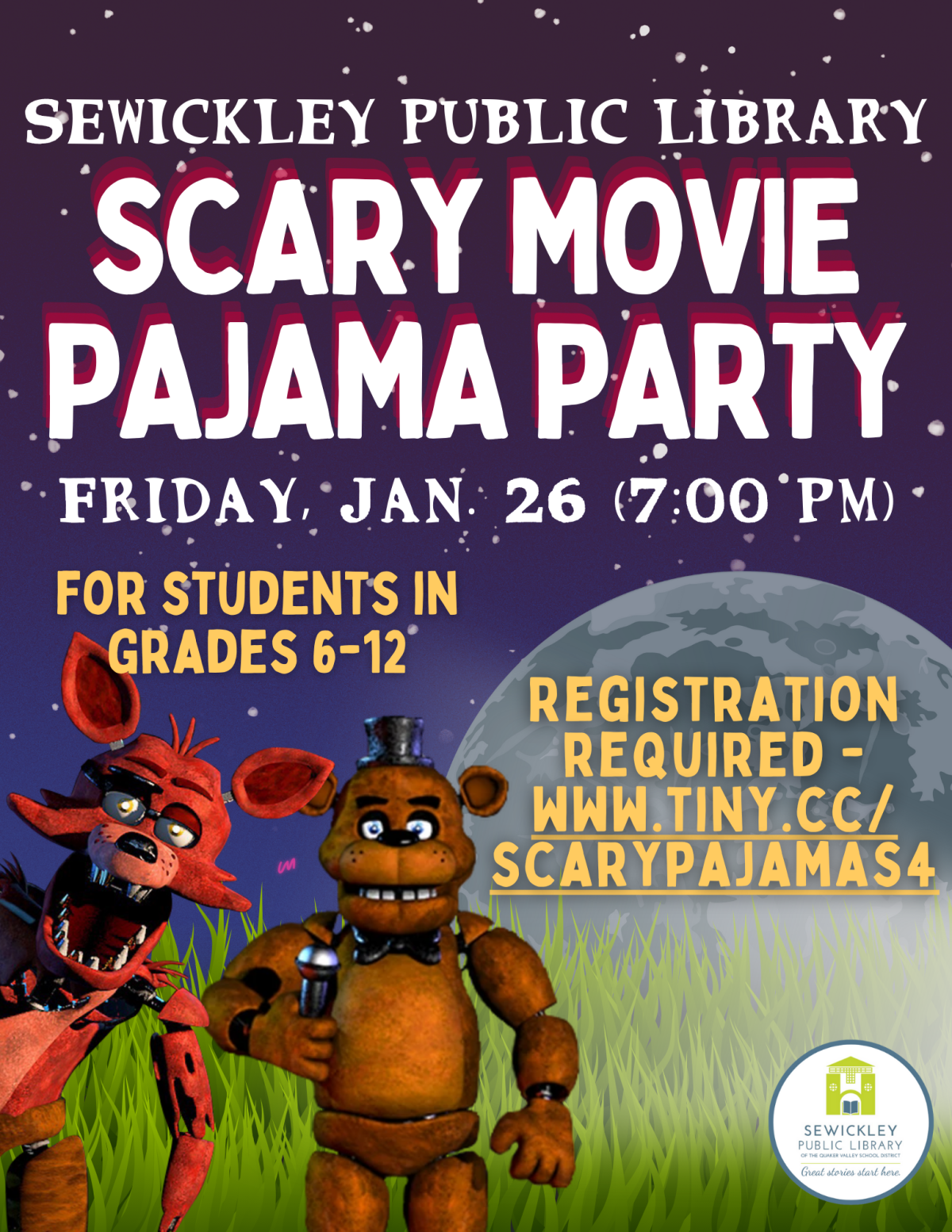 Scary Movie Pajama Party: FNAF Edition flier featuring characters from the original game and information for the event on Friday, January 26