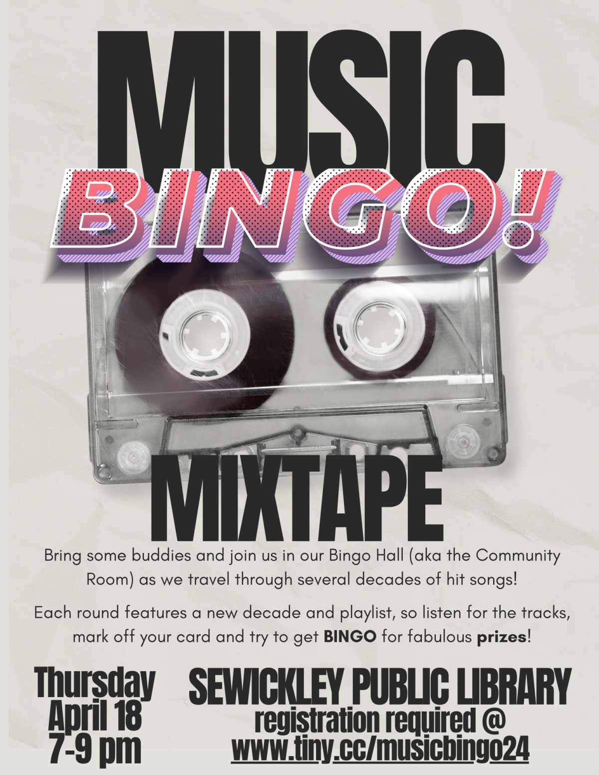 Flier for Music Bingo Mixtape, featuring info for the event on 4/18/24