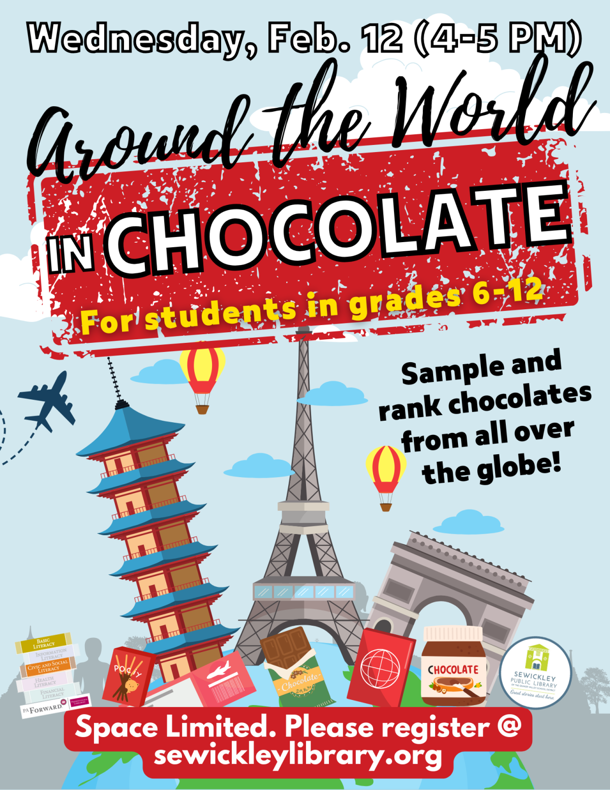 Program Poster for Around the World in Chocolate. Program is for students in grades 6-12.