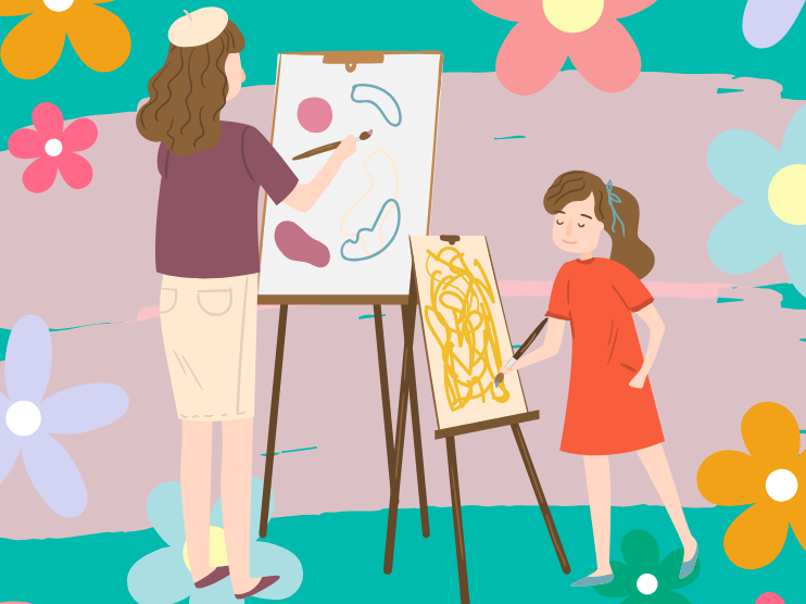 Graphic of mother and child painting at easels