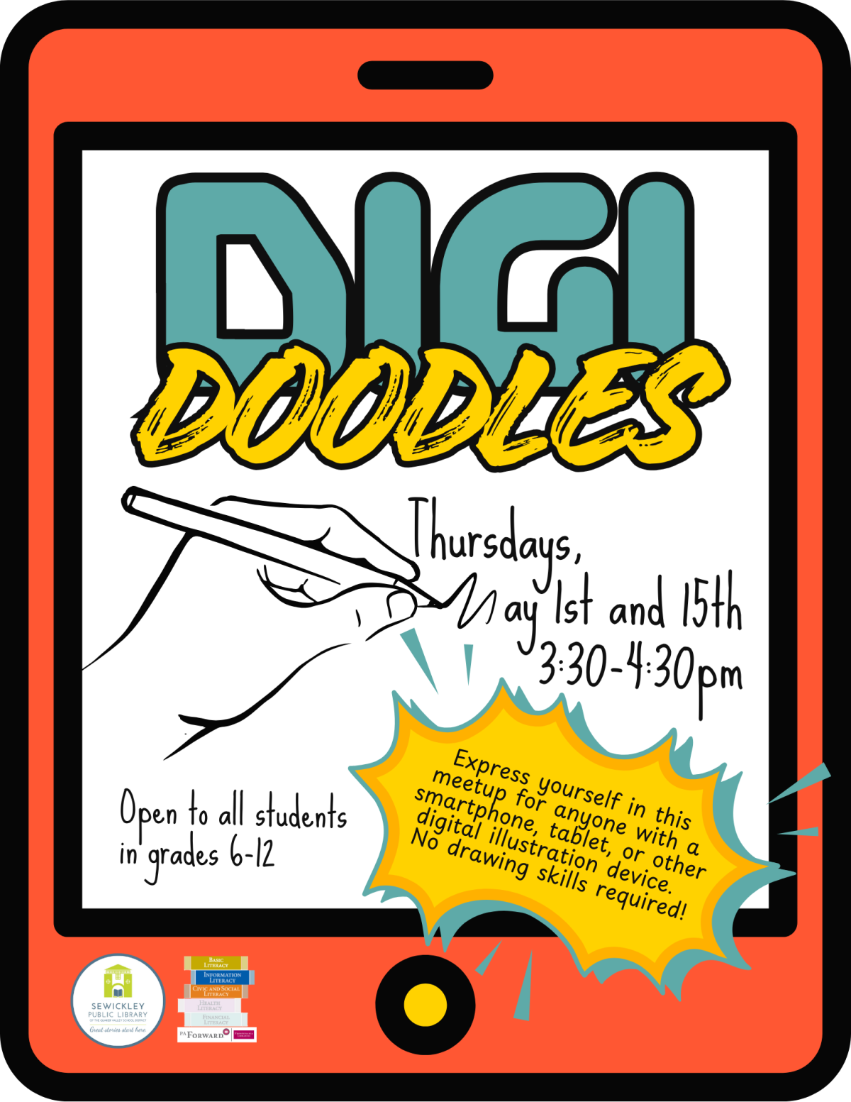 May 2025 Digi Doodles poster. Program is for students in grades 6-12.
