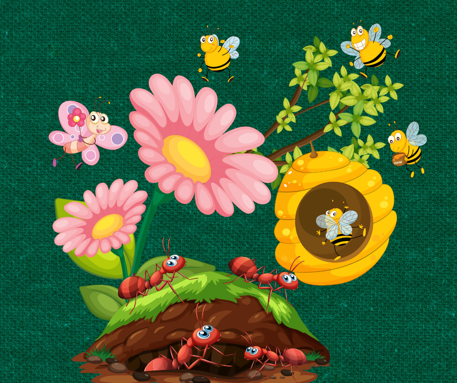 cartoon illustration of flowers with ants, bees and butterflies