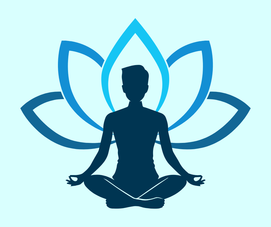 Silhouette of person in meditative pose with lotus flower in background