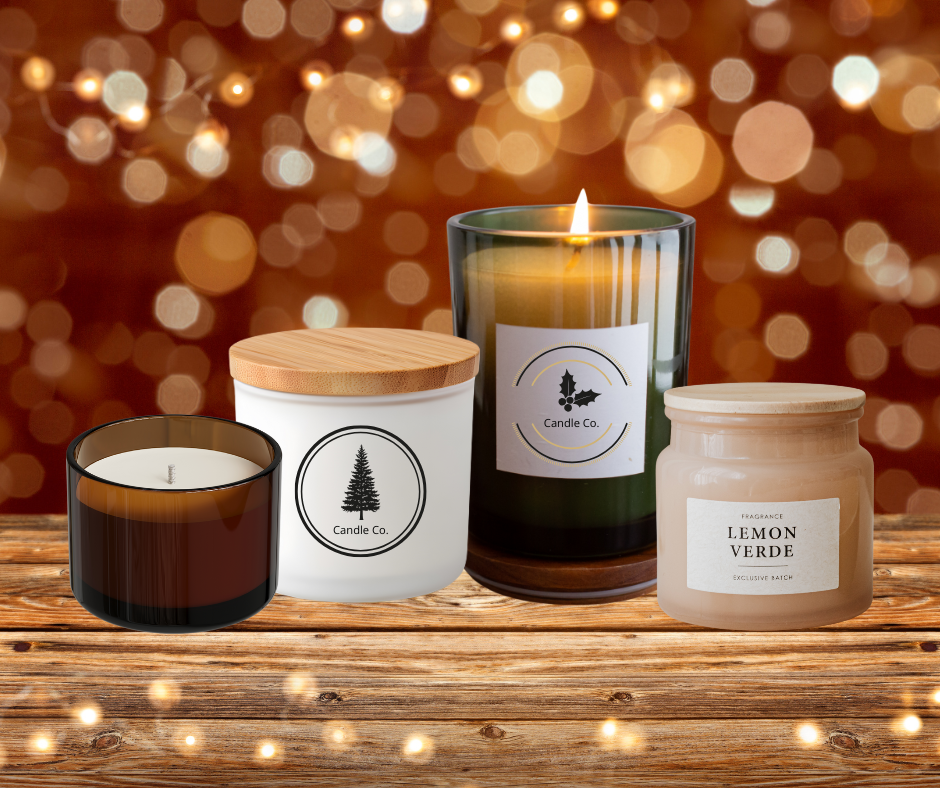 Candles on a wooden tabletop with holiday lights