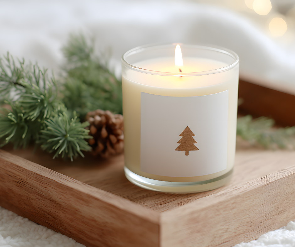 Candle jar with evergreen tree graphic surrounded by evergreen boughs