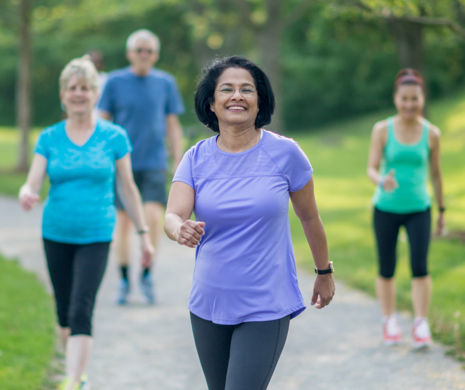 Seniors walking down a path